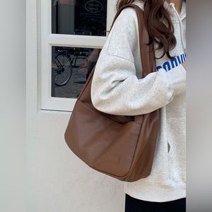 Solid Color Tote Bag for Women Retro Fashion PU Leather Shoulder Bag